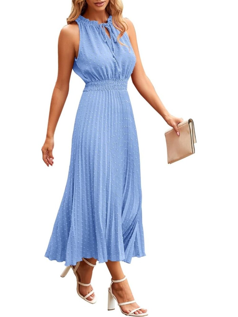 Women's Light Blue Midi Summer Dresses Casual V Neck Swiss Dot Ruffle Sleeveless